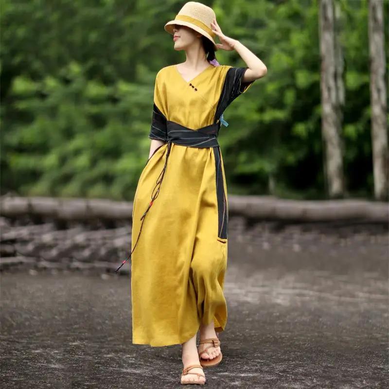 Summer Imitation Cotton and Linen Dress Women's Literary Color Matching Retro Long Skirt Slim Slim Dress