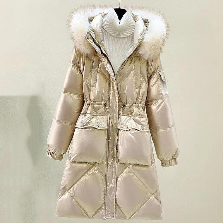 Female Winter Thickened Mid-length Hooded Down Padded Coat Women's Large Size Loose Shiny Wash-free Padded Jacket