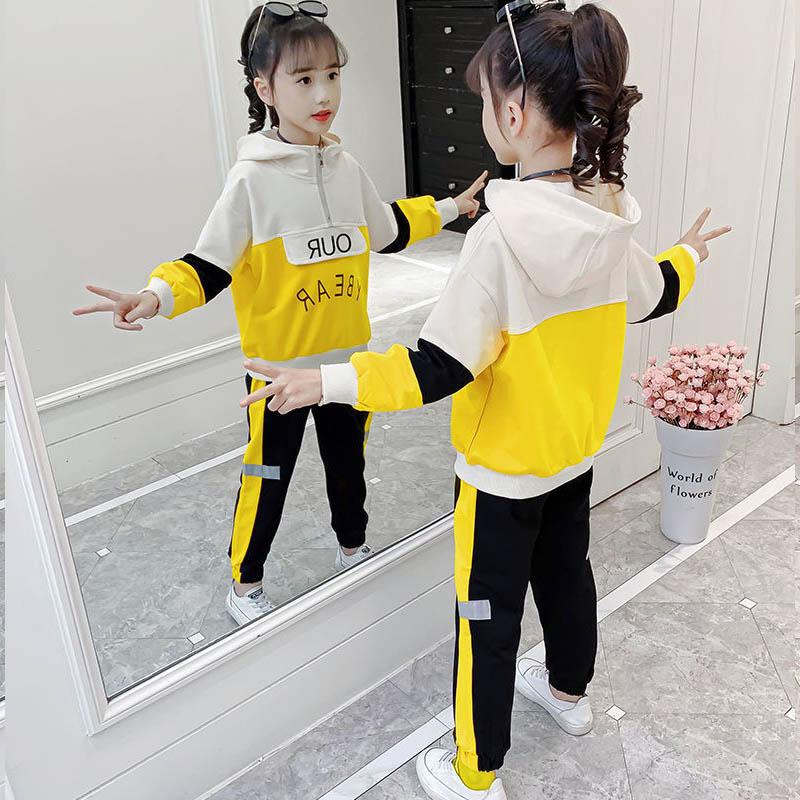 Comfortable Skin-friendly Girls' Spring and Autumn Suits Loose Long-sleeved Color-block Print Pullover Sweater Casual Trousers Children Two-piece Set