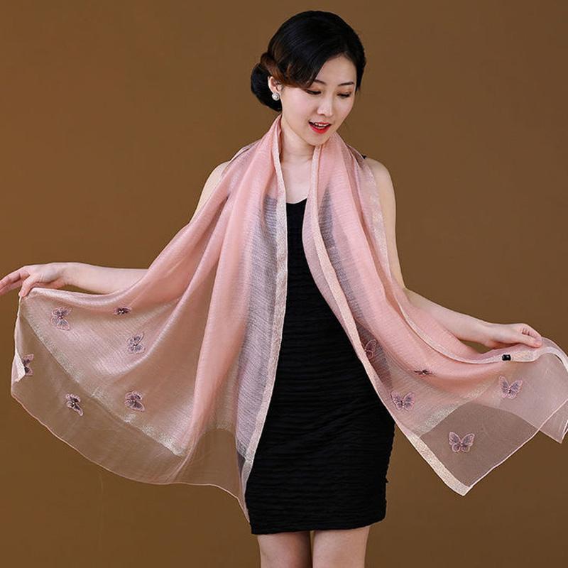 Women's Silk Scarf Mulberry Silk Scarves Autumn Winter Warm Butterfly Embroidery Shawl Long Mother Scarf Female Neck Collar Wrap Shawl Neckerchief