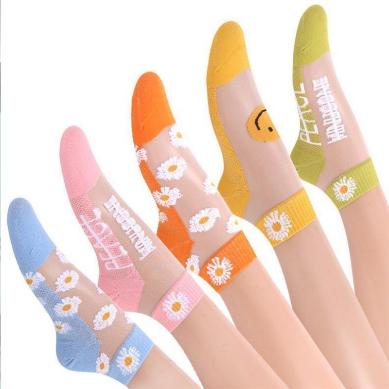 Daisy 5 Pairs of Socks Women's Socks Summer Shallow Mouth Low-top Thin Glass Stockings Summer Transparent Crystal Socks Ins Tide