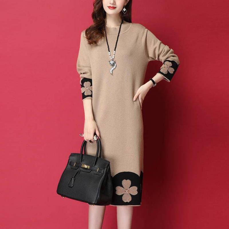 Autumn and Winter Long-sleeved Knitted Dress Large Size Loose and Thin Base Skirt Simple Over-the-knee Women's Sweater Dress