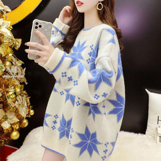 Autumn Winter  Women Fashion Sweater Casual Knitting Sweater Mid-length Round Neck Pullovers Loose Casual Long Sleeve Sweater