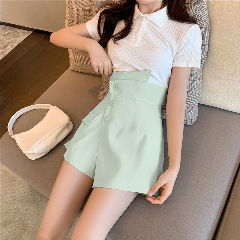 WTEMPO Button Solid Color Irregular Pants Shorts Women Spring and Summer High Waist Slimming Casual Loose A-line Wide-leg Pants