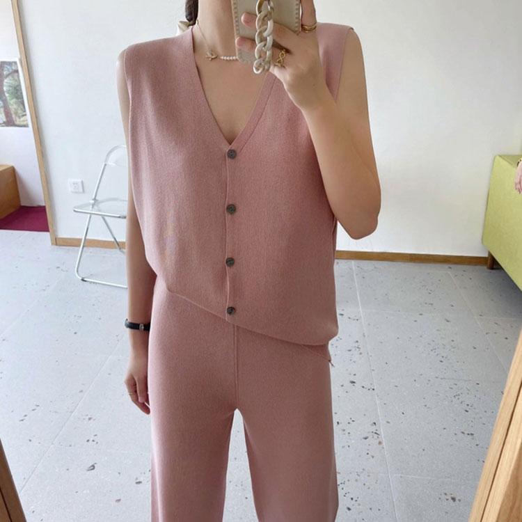 2PCS Spring and Summer Leisure Suit Two-piece Ice Silk Knitted Vest Cardigan + Wide-leg Pants Suit Loose Casual Lazy Style Sets