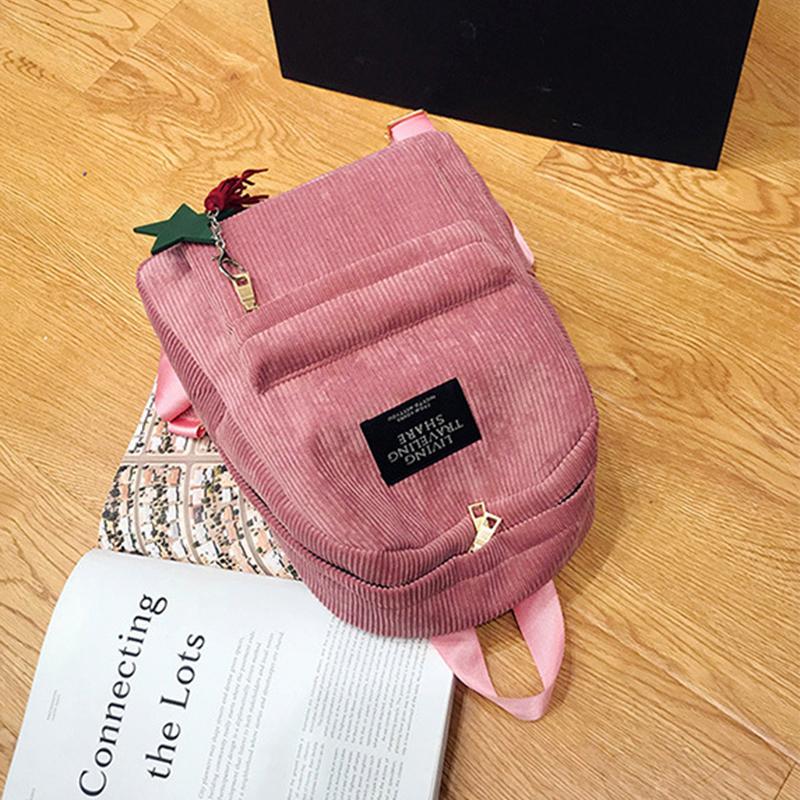 Corduroy Backpack for Women Cute Tassel Student School Bag Casual Knapsack