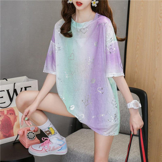 Short Sleeve Long Loose T-shirt Women Half Sleeve T-shirt Gradient Color Loose Casual Ladies T-shirt Casual Top Long T-shirt