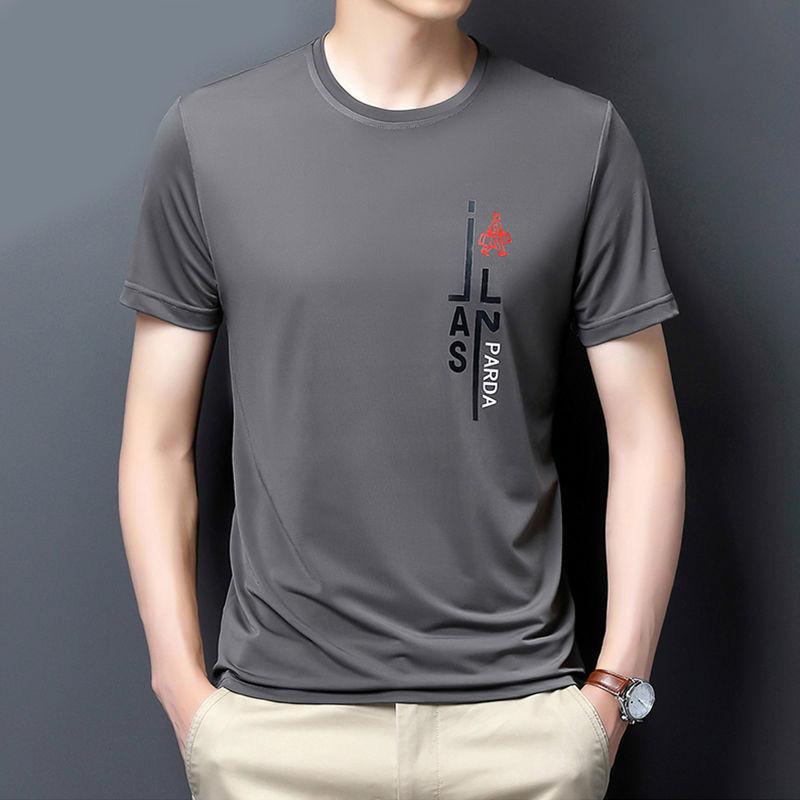 Men's Ice Silk Short-sleeved T-shirt Round Neck Print Trendy Top Half-sleeved Slim Short T