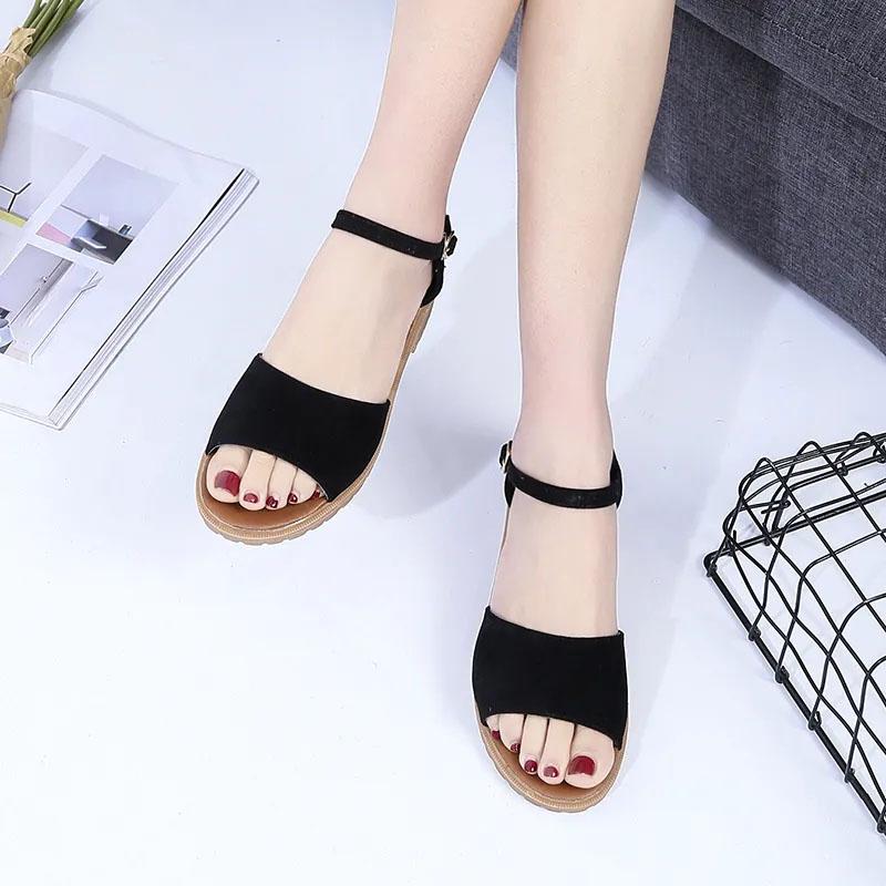 Women's Summer One Word Buckle Flat Roman Sandals Korean Version Thick Heel Fish Mouth Sandal Wear-resistant Non-slip Bottom Solid Color