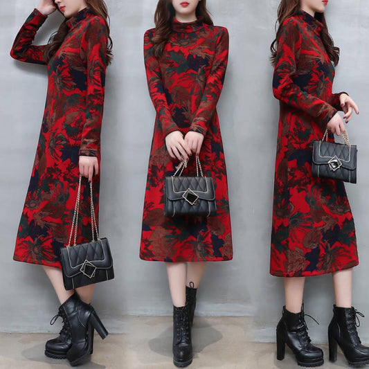 Floral Vintage Dress Plus Size Midi Dresses Elegant Women Party Long Sleeve