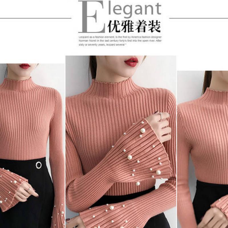 Trumpet Sleeves Pullover Sweater Women's Long-sleeved Slim Beaded Sweater Bottoming Shirt