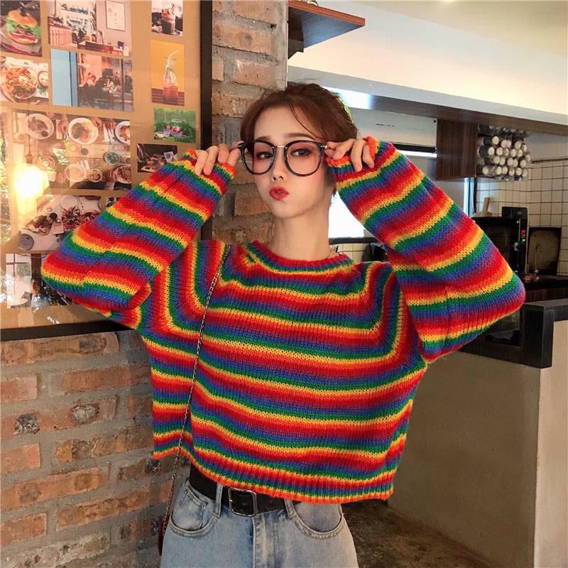 Short Rainbow Striped Sweaters Women Jumpers Knitted O-neck Loose Pullover Long Sleeve Knit Sweater Winter Female