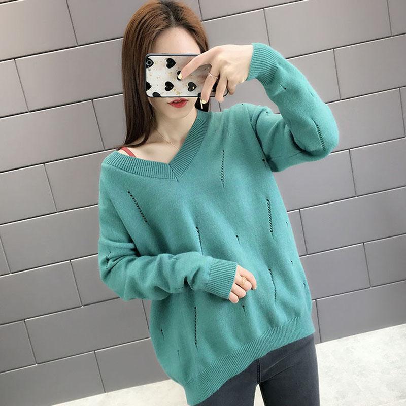 Spring and Autumn Loose V-neck Sweater Solid Color Hollow Top Long Sleeve All-match Female Top