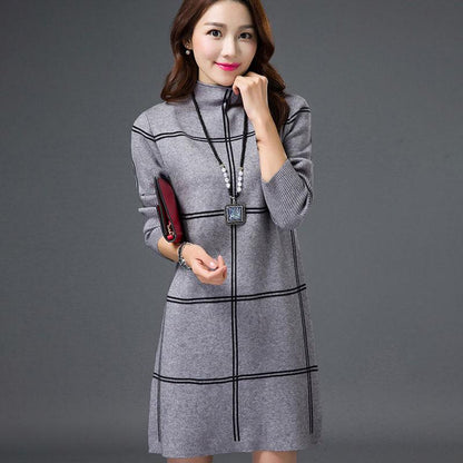 Autumn Winter Plaid Turtleneck Sweater Women Long Thick Pullover Sweater Dress All-match Bottoming Shirt Jumper Top