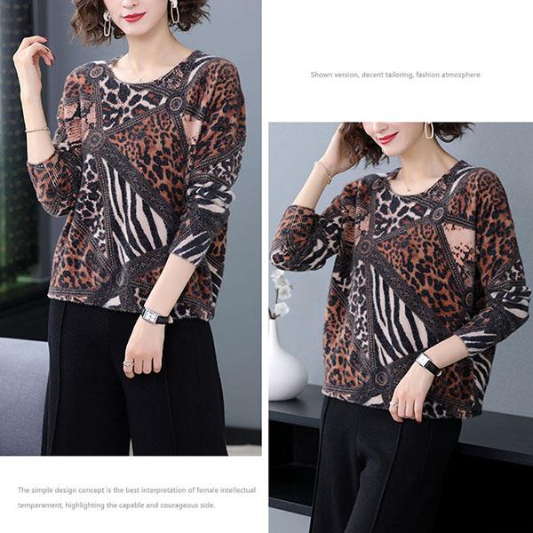 Autumn Winter Leopard Print Cashmere Sweaters Women Artificial Mink Wool Sweaters Fashionable Loose Warmth Jumper Outwear