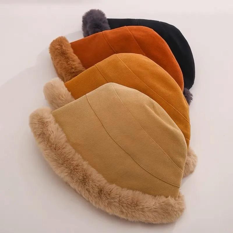 Women's Autumn and Winter Thick Plush Warm Fisherman Hat Cold Proof Windproof Ear Cup Hat Winter Curled Big Head Hat Fluffy Plush Top Cap Basin Hat