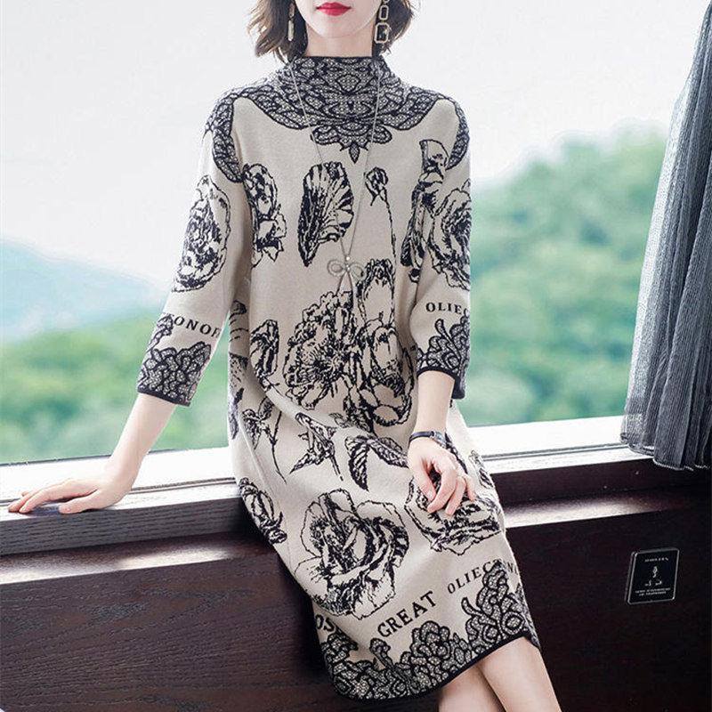 Autumn Loose Print Dress Women Mid-length Elegant Mother Wear Over The Knee Skirt Trend