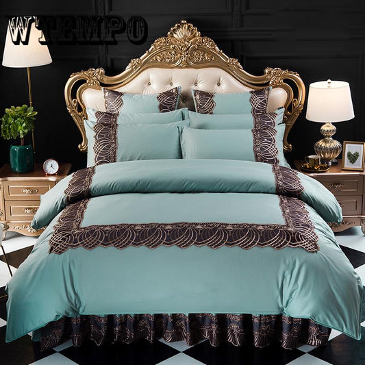 100%Cotton Lace Bed Linen Solid Color Home Textile Bedding Set Quilt Cover Pillowcase Sheet 4pcs/set