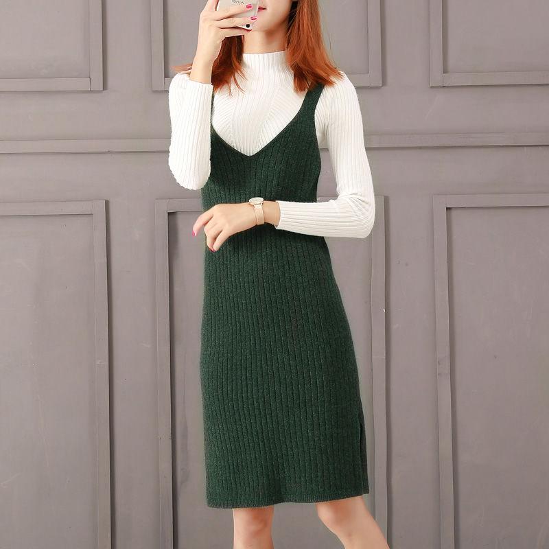 Autumn and Winter Knitted Bottoming Skirt Solid Color Mid-length Simple Suspender Skirt Fashion Slim Female Sweater Dress