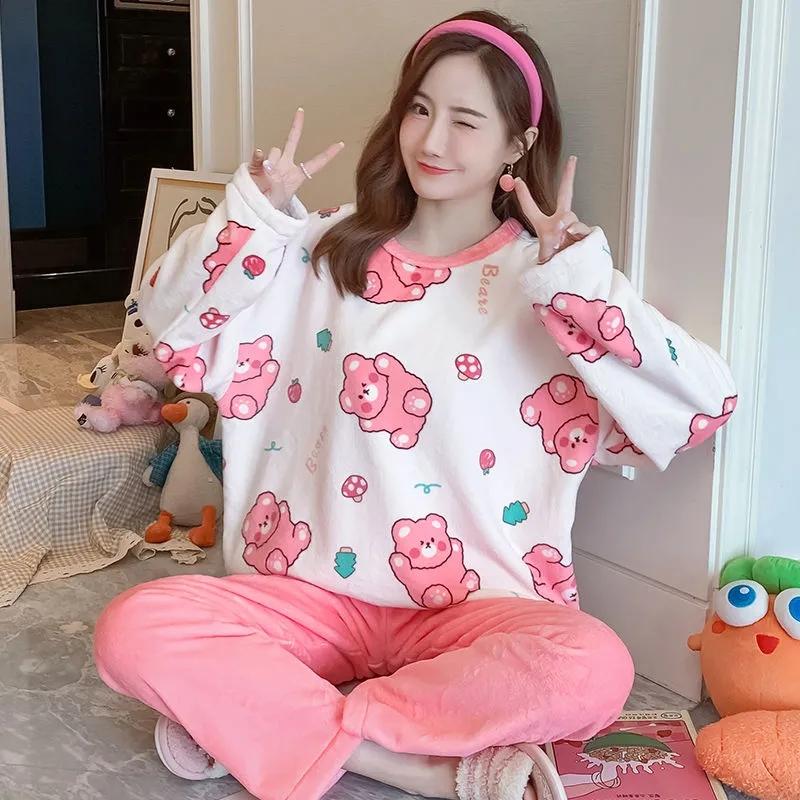 Winter Coral Fleece Pajamas Set Flannel Cute Cartoon Printing Home Wear Thickened Warm Ladies Autumn Winter Long-sleeved Sleeping Suit Trousers Set