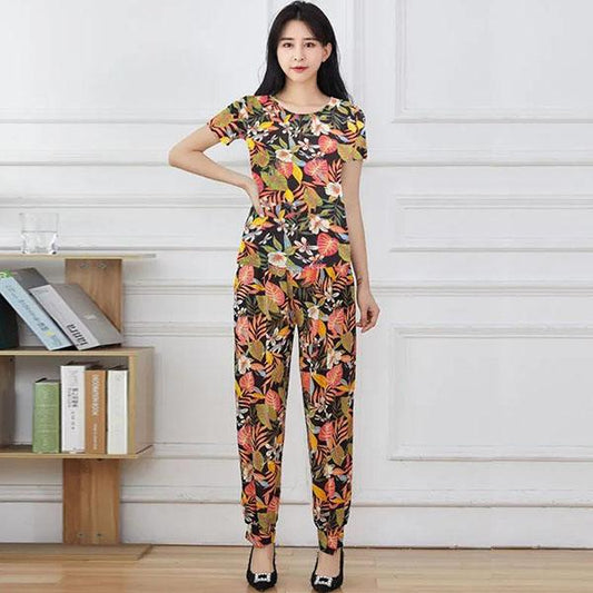 Women's Spring and Summer Plus Size Print Suit Short Sleeve Top Cropped Pants Loose Casual Two Pieces Set