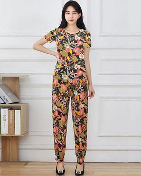 Women's Spring and Summer Plus Size Print Suit Short Sleeve Top Cropped Pants Loose Casual Two Pieces Set