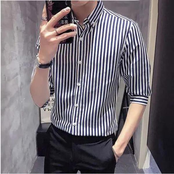 Men's Spring and Summer Striped Long-sleeved Shirt Black and White Plaid Shirt Casual Trend Bottoming Shirt