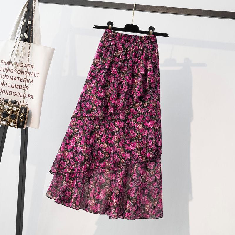 Summer Skirts Womens Plus Size Elastic High Waist Print Floral Long Pleated Skirt Chiffon Ruffles