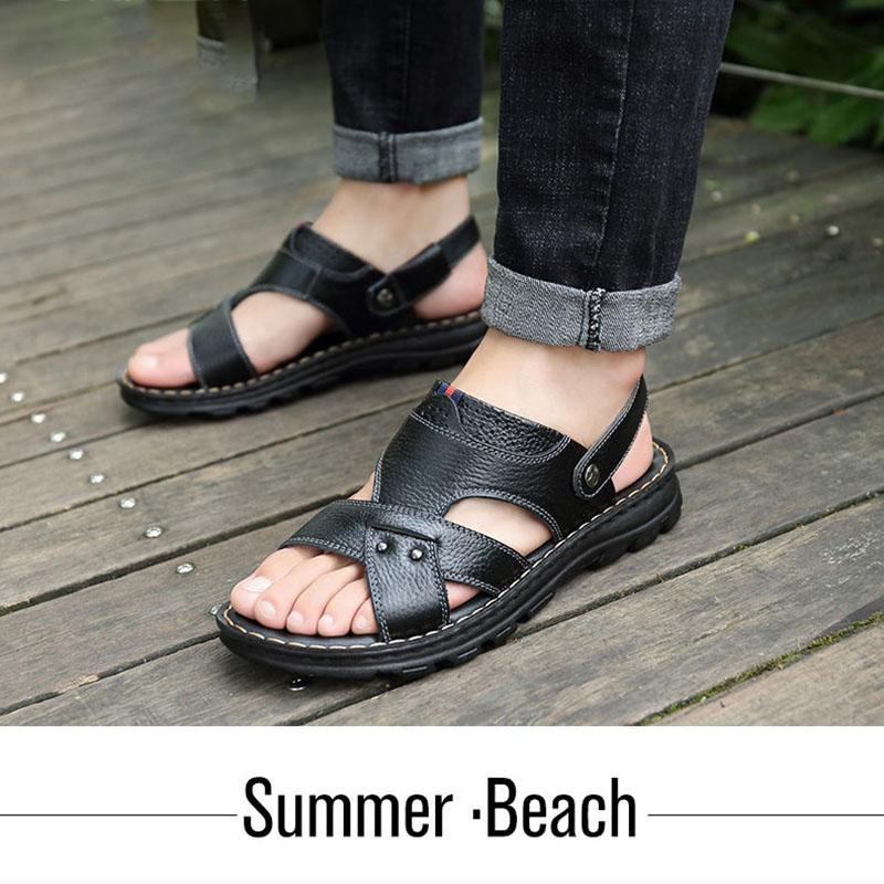 Summer Men's First Layer Soft Cowhide Sandals, Leather Beach Shoes, Casual Men's Shoes, Thick-soled Massage Slippers