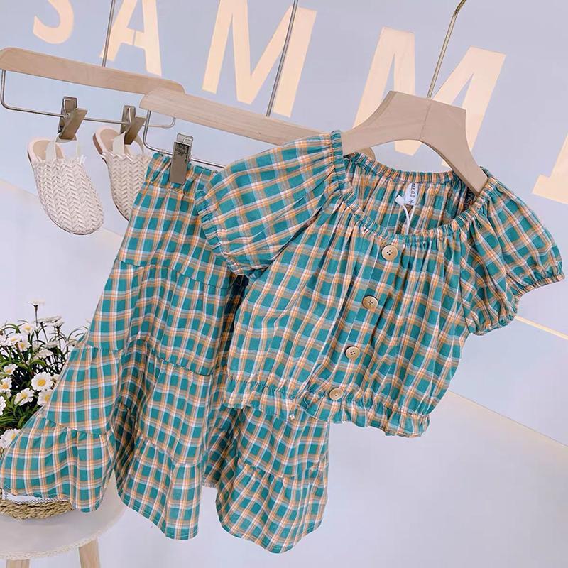 Girls Summer Korean Cake Skirt Suit Girl Western Style Cotton Plaid Short-sleeved Skirt Two-piece