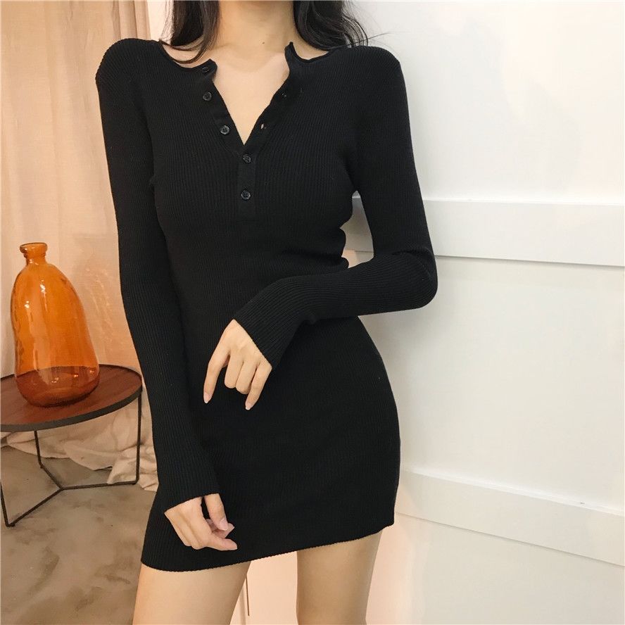 Spring  Autumn Women's Slim Knit Dress Long-sleeved Sexy Bodycon Dress Button Sweater Dress for Inner Outer Wear