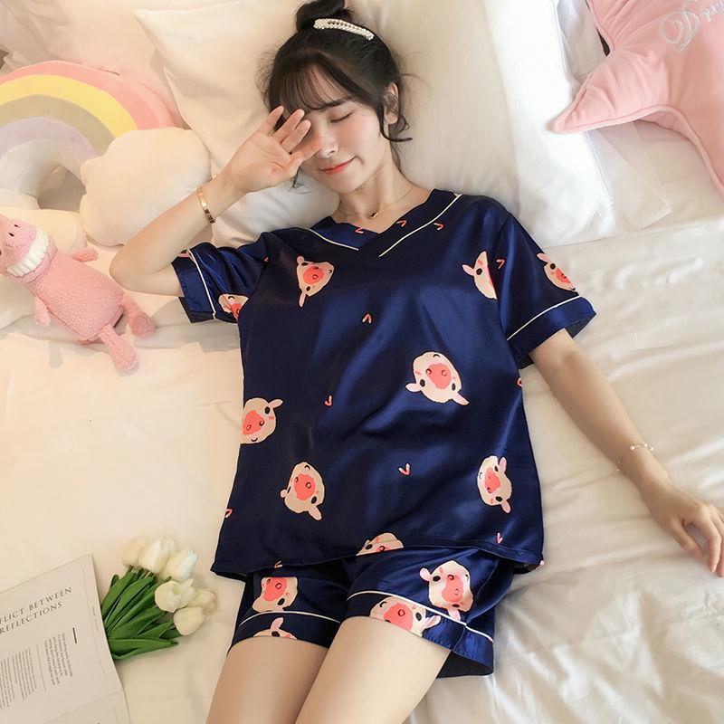 Two-piece suit cute thin ice silk summer home service Pajamas female summer short-sleeved silk