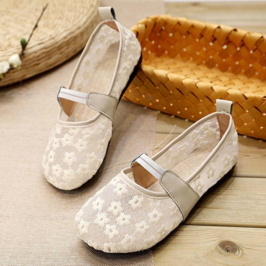 Bowknot Single Shoes Women's Flat Shallow Mouth Cotton and Linen Hollow Mesh Breathable Peas Shoes Women's Moccasin Shoes