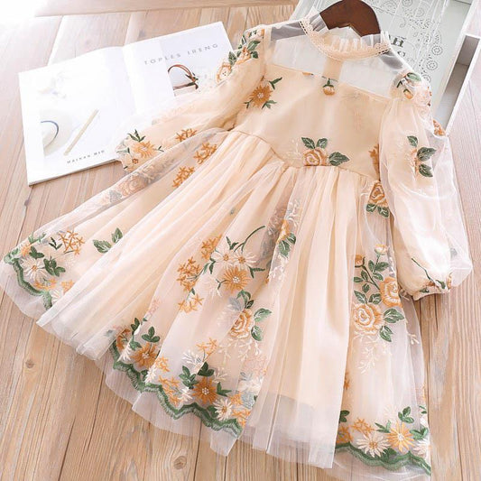 Girls Long Sleeve Dress Flower Embroidered Princess Dress Puff Sleeve Palace Dress Girl Dress