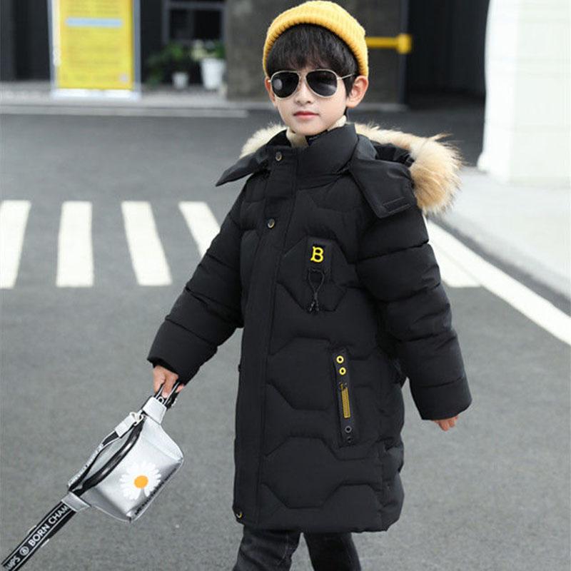 Boys Winter Jacket New Cotton-padded Clothes Big Boys Handsome Clothes Mid-length Velvet Thick Warm Jacket