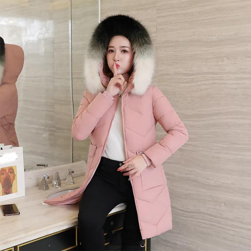 Women's Solid Color Down Jacket Mid-length Korean Loose Thick Coat Warm Cotton Coat Big Fur Collar Winter Clothes Quilted Coat