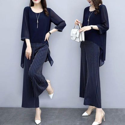 Loose Large Size Suit Covering Belly Slimming Two-piece Round Neck Shirt Loose Casual Wide-leg Pants Women Loose Slimming Chiffon Suit