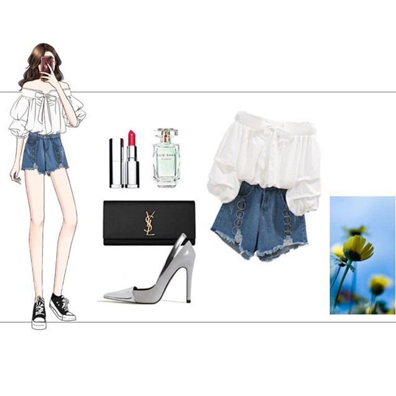 Summer Women's Shorts Set Off Shoulder Slash Neck Bubble Sleeves Blouse Tops and Denim Shorts Two-piece Set