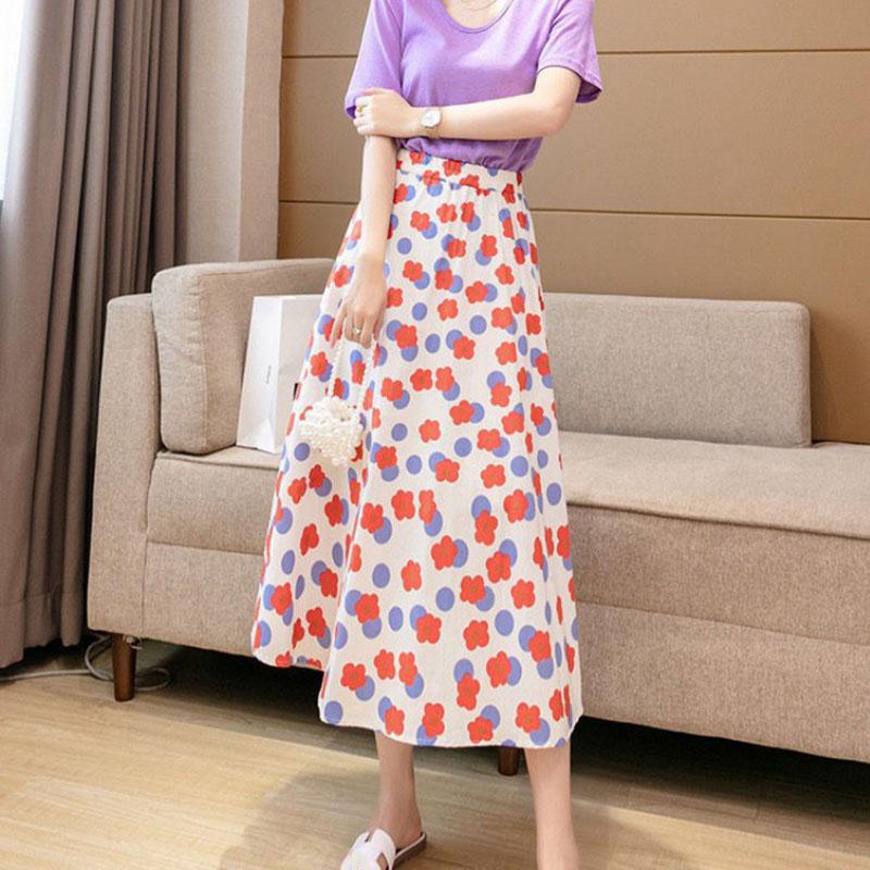 Women Skirts Female Summer Casual A-line Skirt Thin Elastic High Waist Skirts Vintage Loose Long Chiffon Floral Skirt