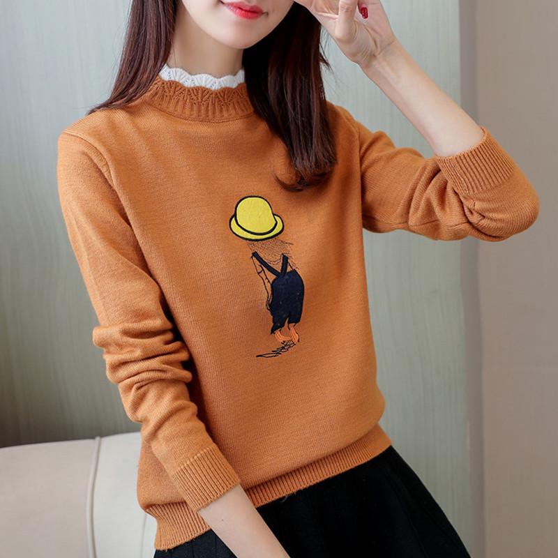 Round Neck Short Sweater Solid Color High Collar Print Sweater Spring and Autumn Sweater Women