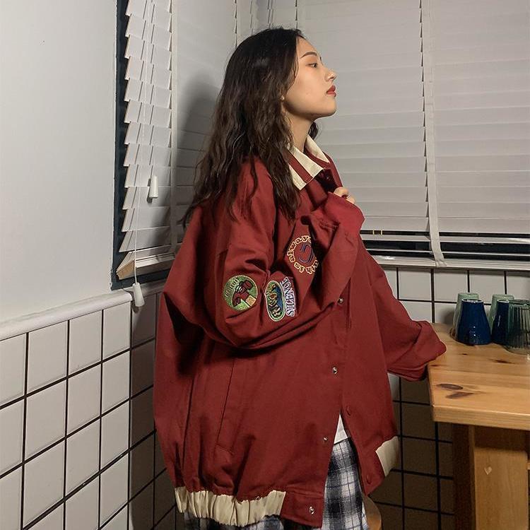 Tooling Jacket Female Hong Kong Style Korean Version Retro Color Matching Student Loose Ins Wild Jacket Baseball Uniform Top