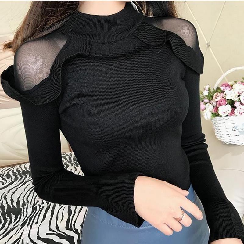 Mesh Stitching Half Turtleneck Top Long Sleeve Knit Pullover Sweater Slim Bottoming Shirt