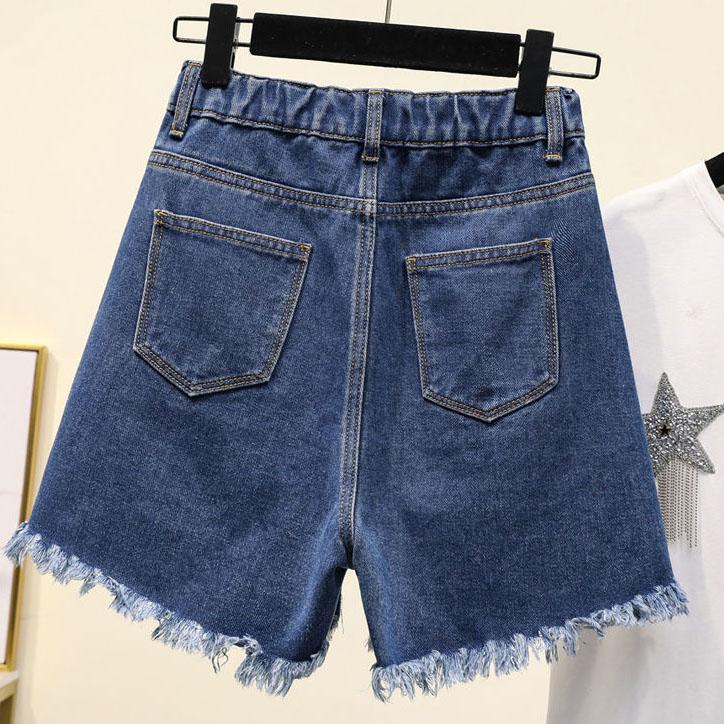 Women's Summer Large Size Pearl Raw Edge A-line Wide-leg Pants Denim Shorts Elastic Waist Casual Bead Shorts