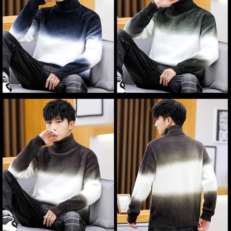 Men's Imitation Mink Velvet Turtleneck Sweater Korean Version of Slim Plus Velvet Thick Sweater Gradient Color Fuzzy Sweater