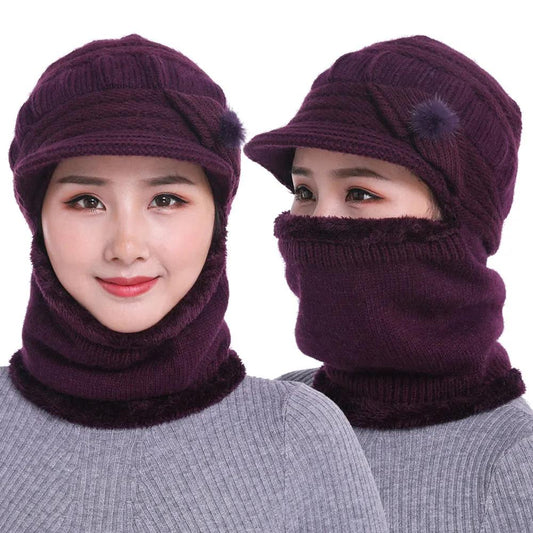 Women's Winter One-piece Hat Cycling Windproof Warm Hat Bib Integrated Plus Velvet Thick Knitted Woolen Hat