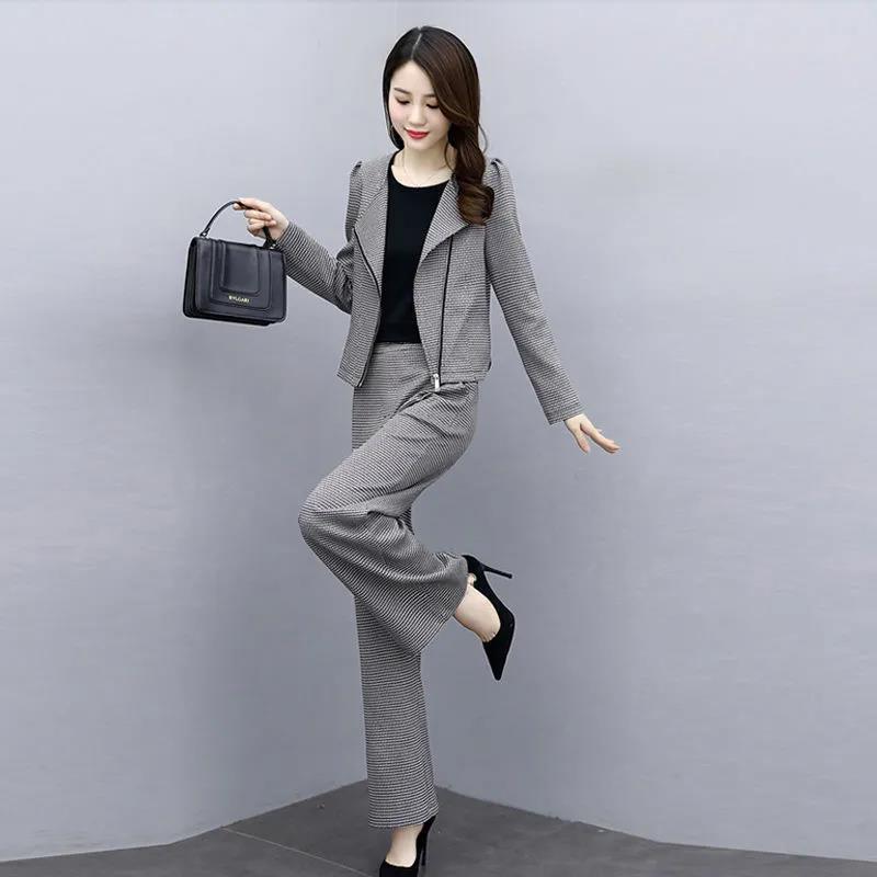 Set Autumn Plaid Trousers Fashion Casual Temperament Houndstooth Short Coat Two-piece Suit Women