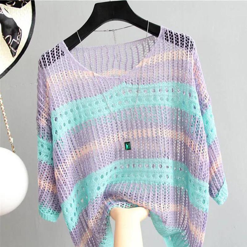 Colored Hollow Striped Large Size Knit Sweater Loose Retro Pullover Thin Blouse Sunscreen