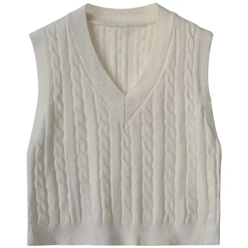 Pure Color White V-neck Sleeveless Waistcoat Vest Sweater Sweater Spring and Autumn Short Outer Jacket Simple and Versatile