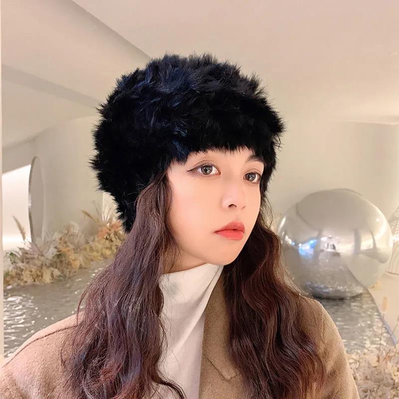 Women's Hats Thick and Warm Real Rabbit Plush Fur One-piece Knitted Hat Winter Cold All-match Knitted Baotou Woolen Hat