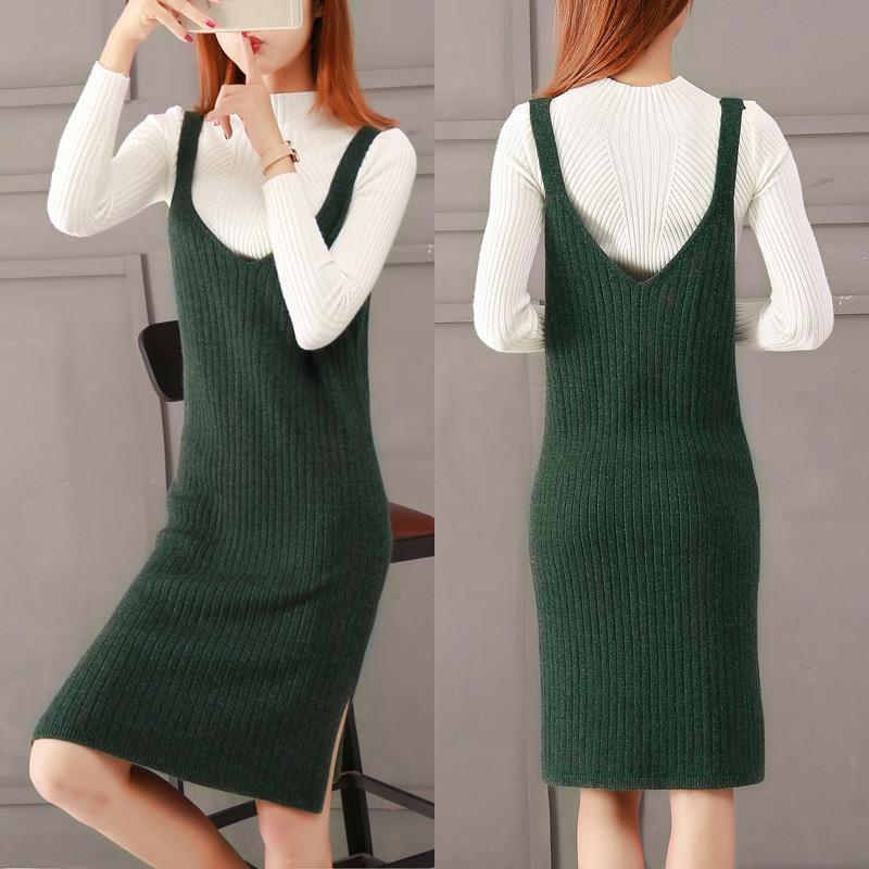 Autumn and Winter Knitted Bottoming Skirt Solid Color Mid-length Simple Suspender Skirt Fashion Slim Female Sweater Dress